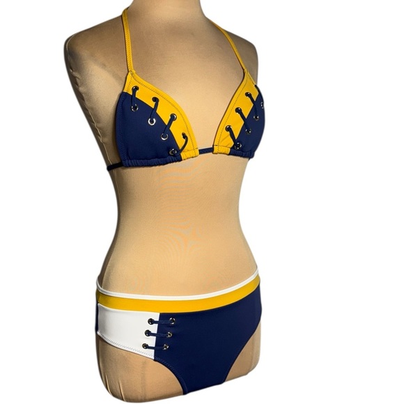 10 Crosby Derek Lam blue gold white retro color block bikini lace up Size M - Picture 2 of 7